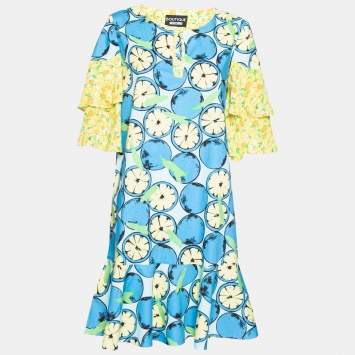 Pre Owned Boutique Moschino Blue and Yellow Floral Printed Cotton Ruffle Bell Sleeves Dress M