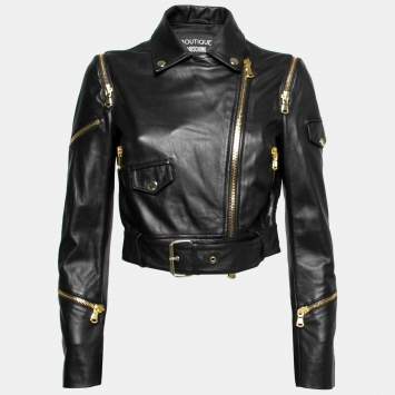 Pre Owned Boutique Moschino Black Leather Zip Embellished Cropped Jacket M