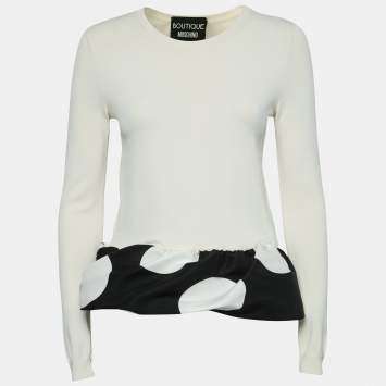 Pre Owned Boutique Moschino Cream Stretch Knit Ruffled Hem Top S