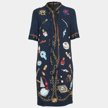 Pre Owned Boutique Moschino Blue and Black Crepe Printed Neck Tie Dress M