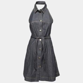 Pre Owned Boutique Moschino Denim Halter Neck Belted Mini Dress M