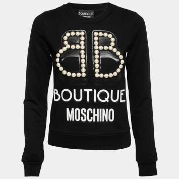 Pre Owned Boutique Moschino Black Logo Print Pearl-Embellished Cotton Sweatshirt XS
