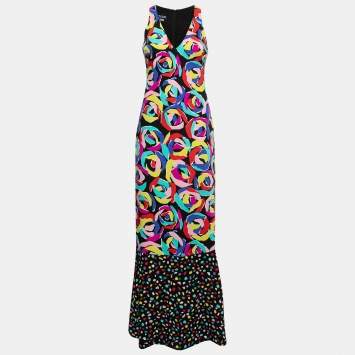 Pre Owned Boutique Moschino Black Multicolor Floral Print Crepe Maxi Dress S