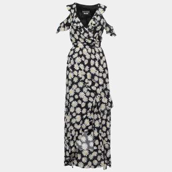 Pre Owned Boutique Moschino Black Daisy Printed Crepe Ruffled Maxi Dress S