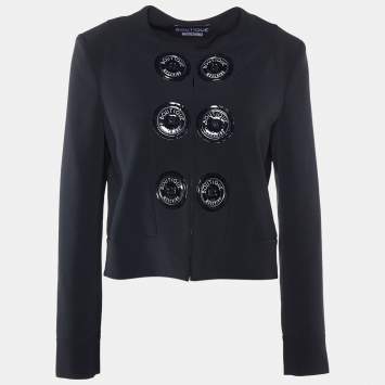 Pre Owned Boutique Moschino Black Crepe Oversize Logo Button Detail Cropped Jacket S