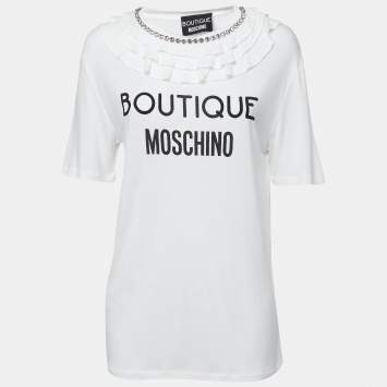 Pre Owned Boutique Moschino White Cotton Logo Print Rhinestone-Embellished T-Shirt M