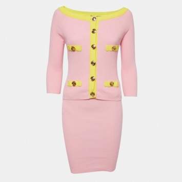 Pre Owned Boutique Moschino Pink Ribbed Knit Cardigan & Skirt Set M