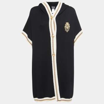 Pre Owned Boutique Moschino Black Cable Knit Button Front Hooded Cardigan M