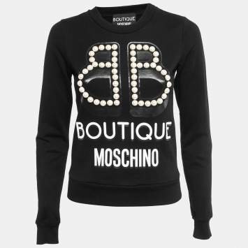 Pre Owned Boutique Moschino Black Cotton Faux Peal Logo Print Sweatshirt XS