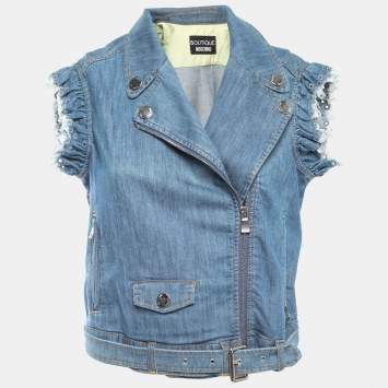Pre Owned Boutique Moschino Blue Denim Zip Front Belted Top M