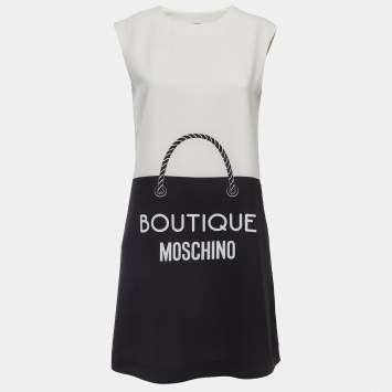 Pre Owned Boutique Moschino Cream/Black Logo Print Crepe Sleeveless Mini Dress S