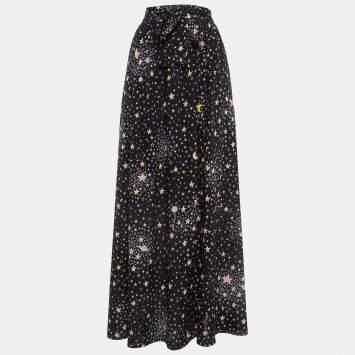 Pre Owned Boutique Moschino Black Stars Print Silk Blend Tie-Up Waist Maxi Skirt M