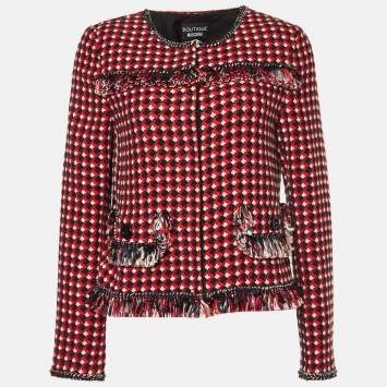 Pre Owned Boutique Moschino Red Tweed Fringed Jacket M