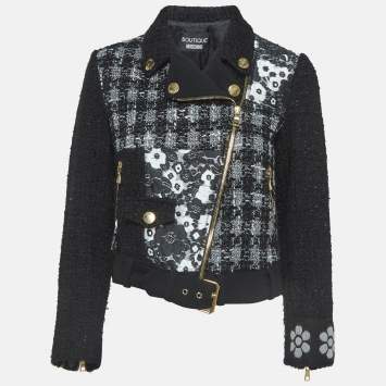 Pre Owned Boutique Moschino Monochrome Jacquard Trim Tweed Zipper Jacket M
