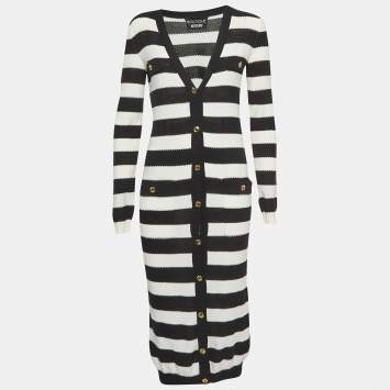 Pre Owned Boutique Moschino Black/White Striped Knit Buttoned Midi Dress S