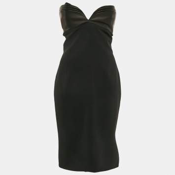 Pre Owned Brandon Maxwell Black Crepe Leather Trimmed Strapless Knee-Length Dress M