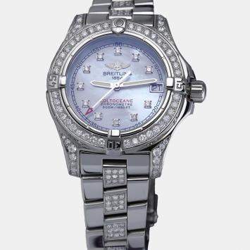 Breitling Customised White MOP Diamond Stainless Steel Colt A77350 Quartz Women's Wristwatch 34 mm