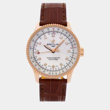 Pre Owned Breitling White Shell 18k Rose Gold Navitimer Automatic Women's Wristwatch 35 mm