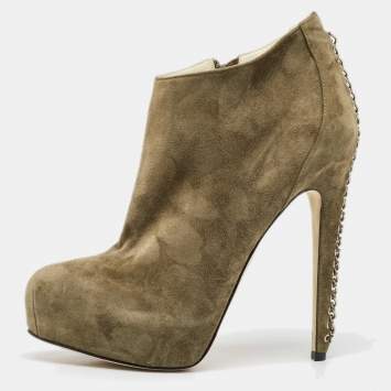 Brian Atwood Olive Green Suede Chain Embellished Booties Size 38.5