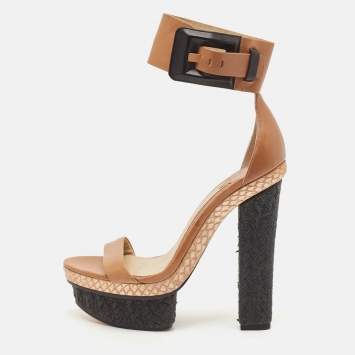 Brian Atwood Brown/Black Snakeskin Embossed and Leather Braganca Ankle Strap Sandals Size 37.5