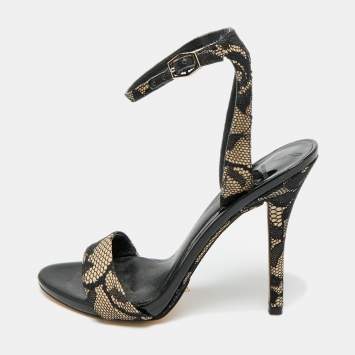 Pre Owned Brian Atwood Size 35.5 Black/Beige Lace and Patent Leather Ankle Strap Sandals