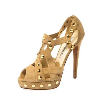 Pre Owned Brian Atwood Beige Cut Out Studded Suede Peep Toe Platform Sandals Size 37
