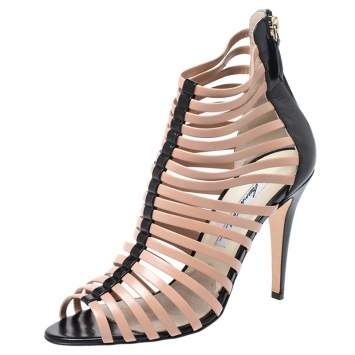 Pre Owned Brian Atwood Beige/Black Dolores Caged Strap Peep Toe Sandals Size 39.5