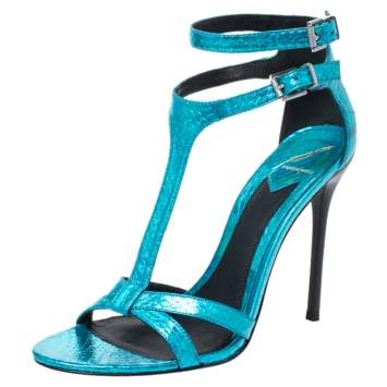 Pre Owned Brian Atwood Metallic Blue Python Embossed Leather T Strap Laetitia Sandals Size 39