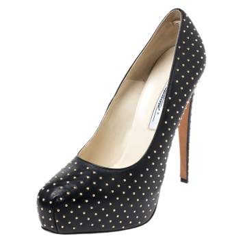 Pre Owned Brian Atwood Black Leather Studded Platform Pumps Size 38.5