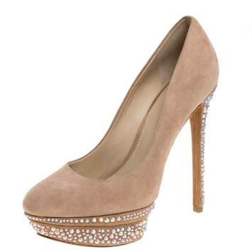 Pre Owned Brian Atwood Beige Suede Francoise Crystal Embellished Platform Pumps Size 39.5