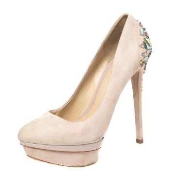 Pre Owned Brian Atwood Blush Pink Suede Crystal Embellished Platform Pumps Size 38.5