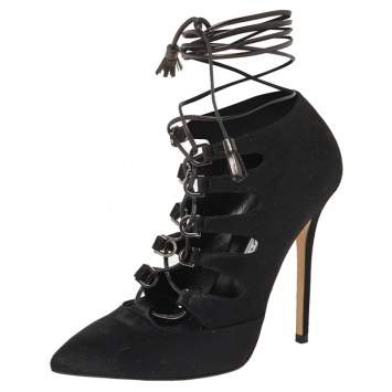 Pre Owned Brian Atwood Black Calf Hair Adelaide Ankle Wrap Pumps Size 38