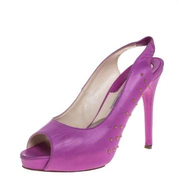 Pre Owned Brian Atwood Pink Leather Studded Peep Toe Slingback Sandals Size 38