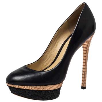 Pre Owned Brian Atwood Black/Gold Leather And Python Embossed Leather Platform Pumps Size 41