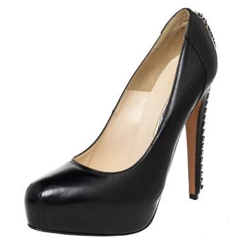 Pre Owned Brian Atwood Black Leather Chain Heel Platform Pumps Size 39.5