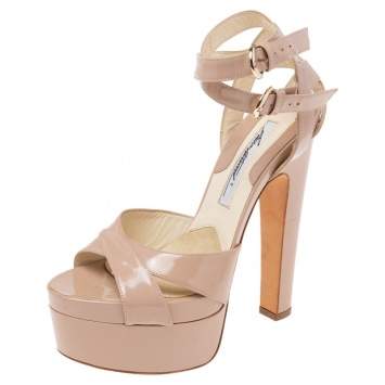 Pre Owned Brian Atwood Beige Patent Leather Platform Ankle Strap Sandals Size 39.5