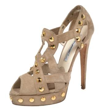 Pre Owned Brian Atwood Beige Cut-Out Studded Suede Peep-Toe Platform Pumps Size 37.5