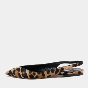 Pre Owned Brian Atwood Beige Leopard Print Calf Hair and Leather Slingback Sandals Size 38.5