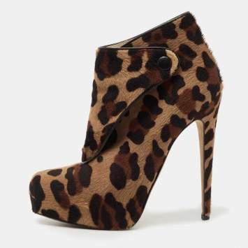 Pre Owned Brian Atwood  Brown/Black Leopard Print Calf Hair Ankle Boots Size 38.5