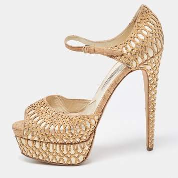 Pre Owned Brian Atwood Brown/Metallic Cork and Leather Ankle Strap Sandals Size 40
