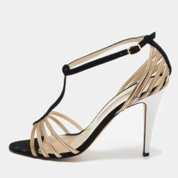 Pre Owned Brian Atwood Black/Gold Suede and Leather Strappy T-Bar Sandals Size 37
