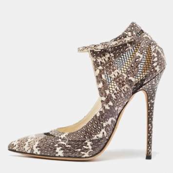 Brian Atwood Grey/White Snakeskin and Mesh Ankle Strap Pumps Size 41