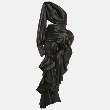 Pre Owned Bronx & Banco Black Satin Cut-Out One Shoulder Ruffled Gown XS