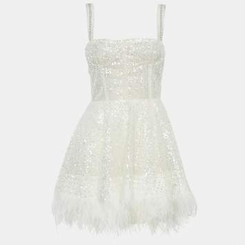 Pre Owned Bronx & Banco White Sequin Tulle Feather Trim Mademoiselle Bridal Mini Dress S