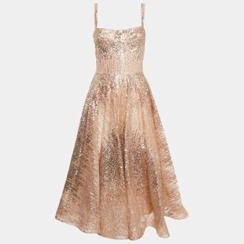 Pre Owned Bronx & Banco Beige Glitter Embellished Tulle Bustier Midi Dress S