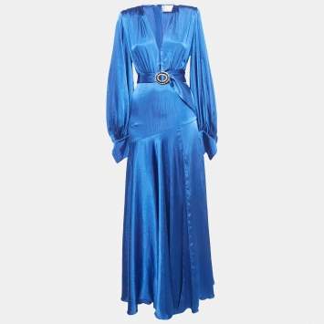 Pre Owned Bronx & Banco Blue Silk Blend Belted Maxi Dress XS
