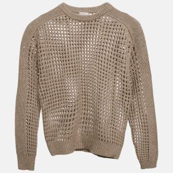 Pre Owned Brunello Cucinelli Beige Wool and Lurex Open Knit Sweater M