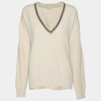 Pre Owned Brunello Cucinelli Cream Cashmere Rib Knit Embellished Sweater M
