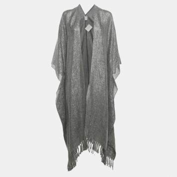 Pre Owned Brunello Cucinelli Grey Lurex Linen Fringed Cape One Size 