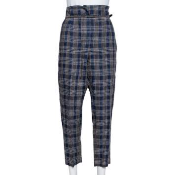 Pre Owned Brunello Cucinelli Navy Blue Plaid Linen Paper Bag Waist Trousers M